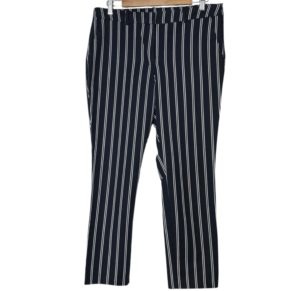 H&M Navy Blue White Striped Trouser Pant Size 12 High Rise Office Tapered
